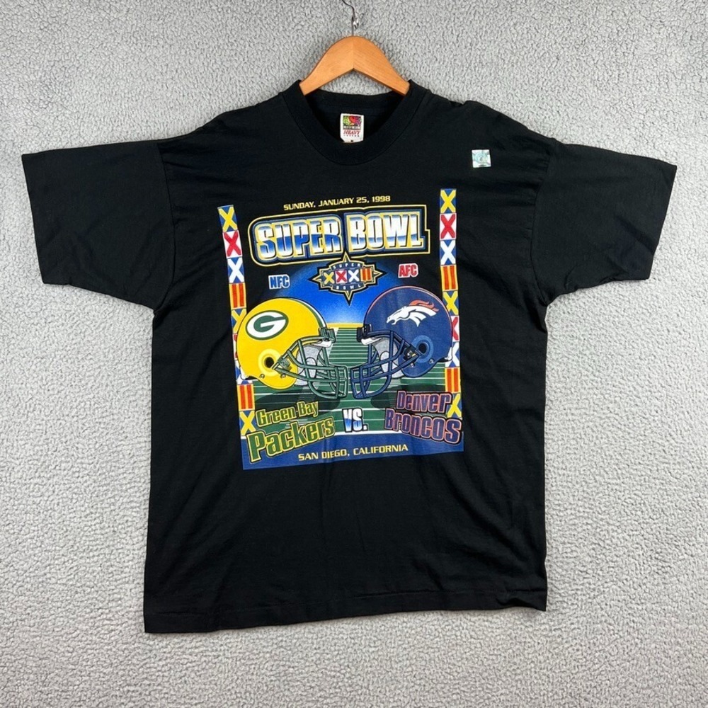 Vintage T Shirt Super Bowl XXXII Mens XL Green Bay Packers Broncos Single Stitch